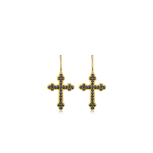 gold cross earrings, black gemstones