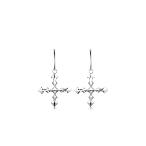 silver hoop earrings, cross logo front view