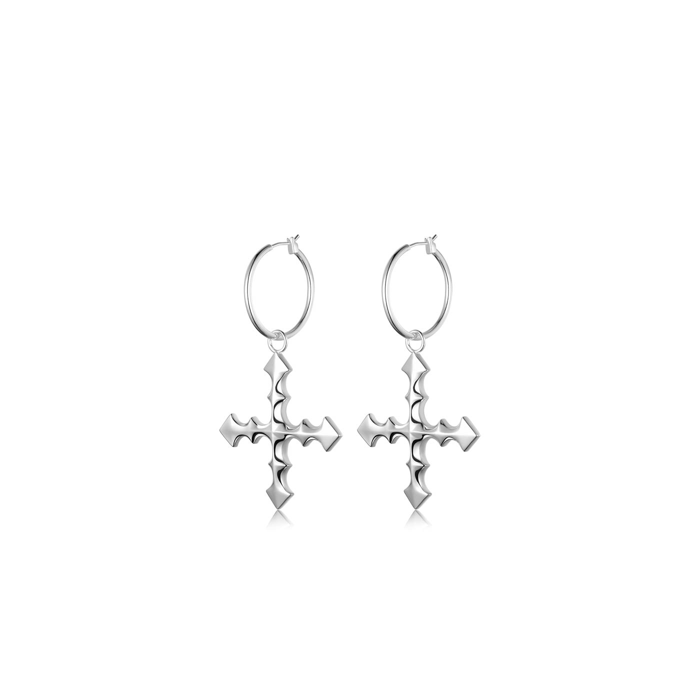 silver hoop earrings, cross logo