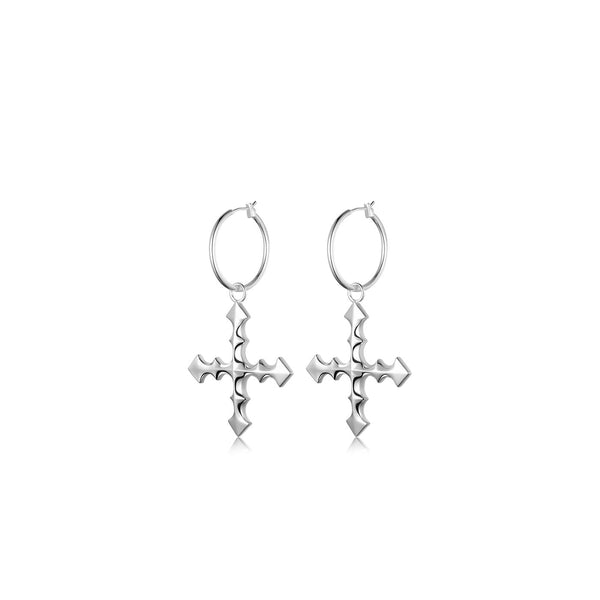 silver hoop earrings, cross logo