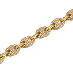 iced out gold chain, coffee bean link close up view