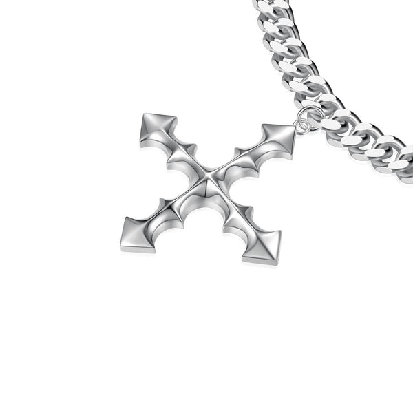 silver chain, extra large cross pendant close up view