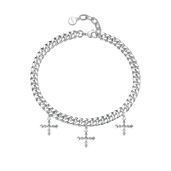 silver cross choker necklace, three crosses pendant