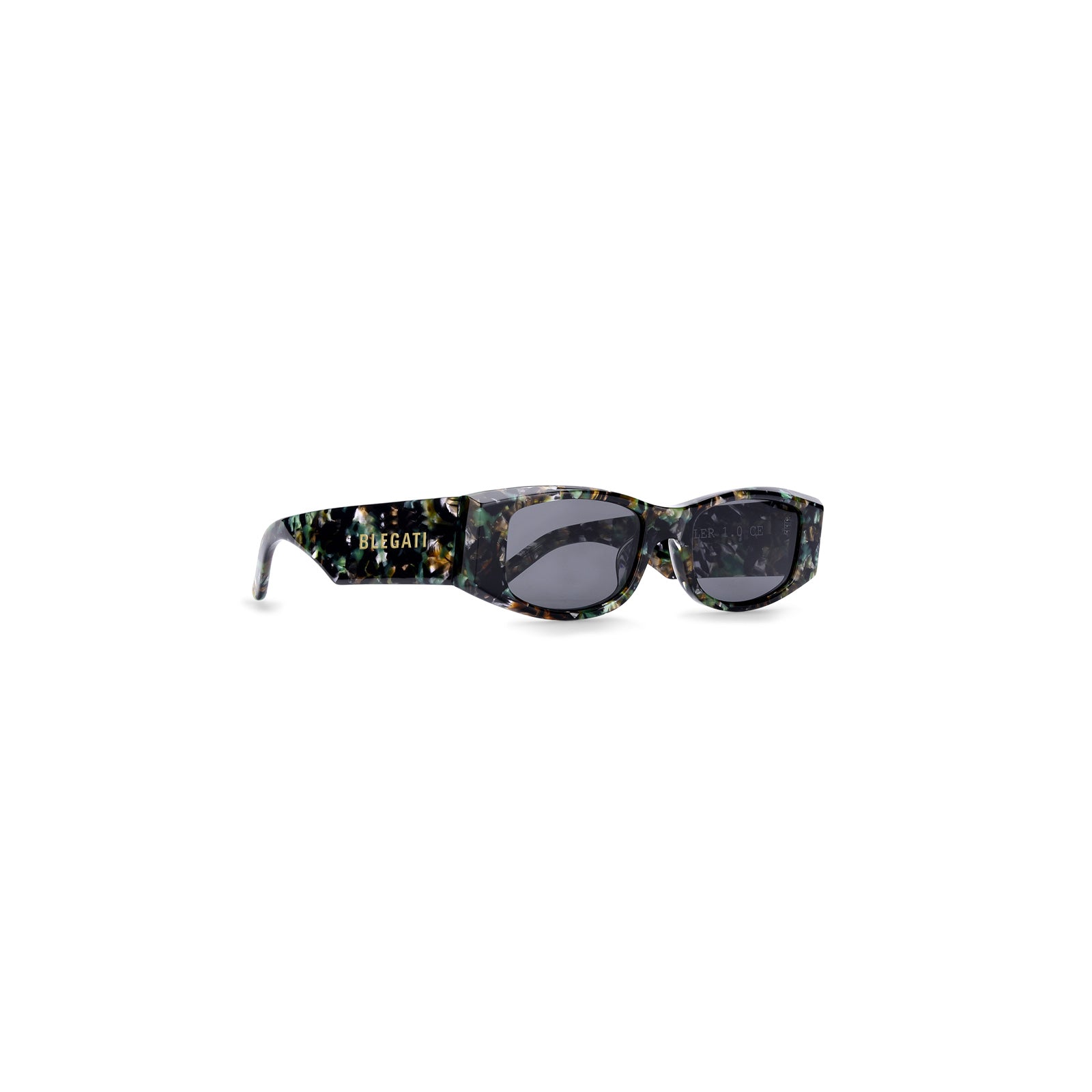 camo rectangle sunglasses - front view, blegati logo