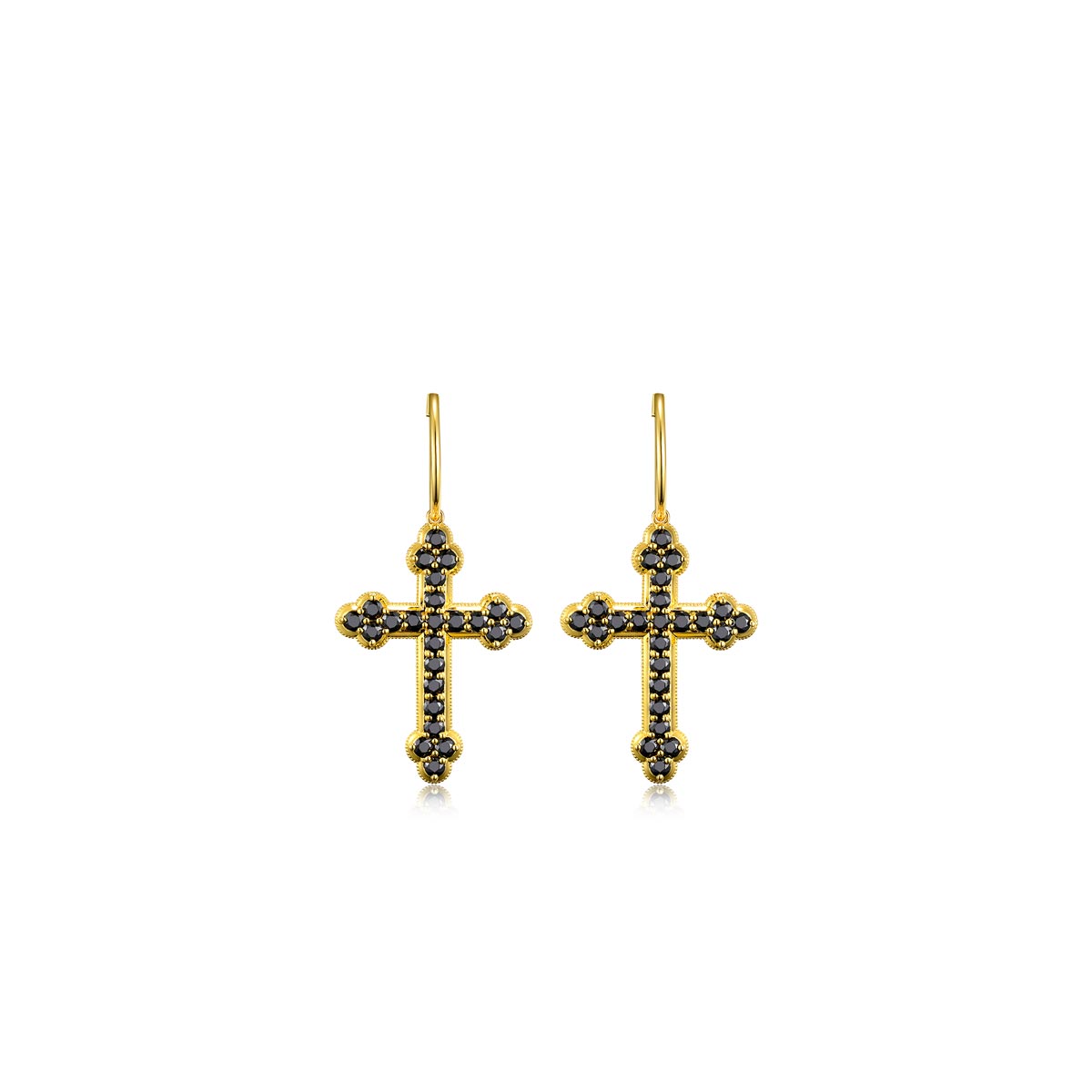 gold cross earrings, black gemstones