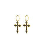 gold earrings, black gemstones side view