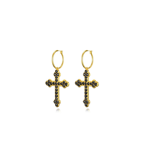 gold earrings, black gemstones side view